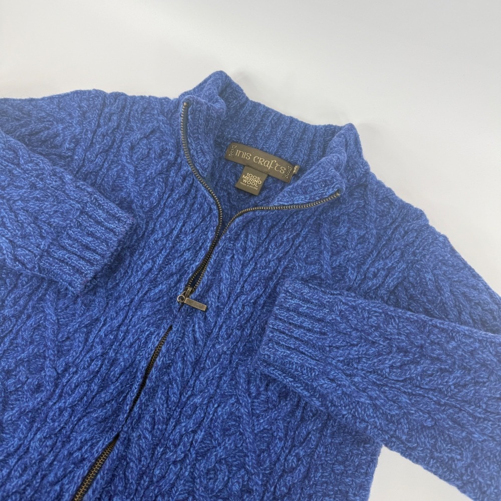 Inis Crafts‎ Ireland Merino Wool Cable Knit Full Zip Sweater Blue Kids Medium